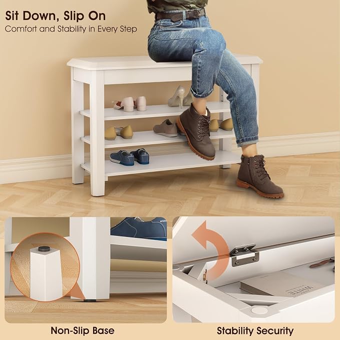 IUNVR Shoe Rack Bench Seat Rubberwood 3-Tier Wooden Storage Bench 550lbs Compact Mid-Century Modern Design for Entryway, Hallway, Closet, Front Door Entrance, Foyer