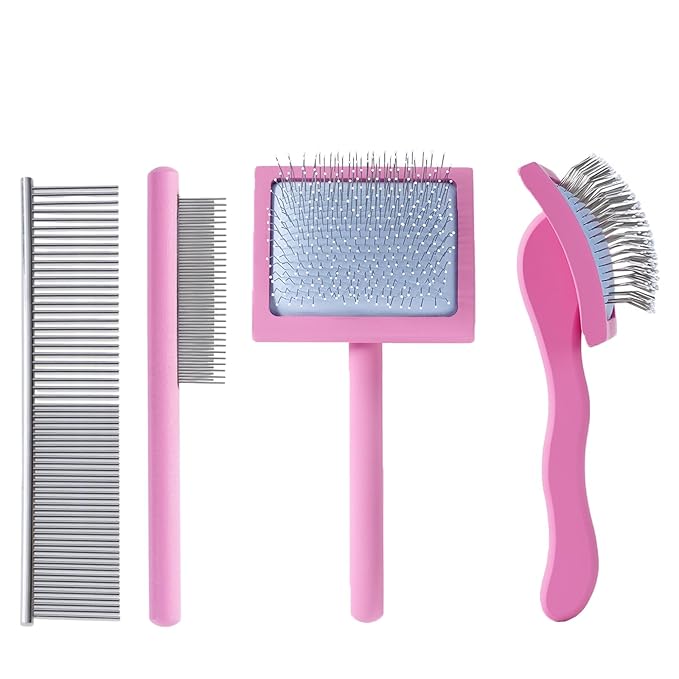 Gently Grooming Slicker Brush with Coated Tips for Long-Haired Dogs-Ergonomic Wooden Handle, Long Pins for Grooming Goldendoodles Poodles Pink