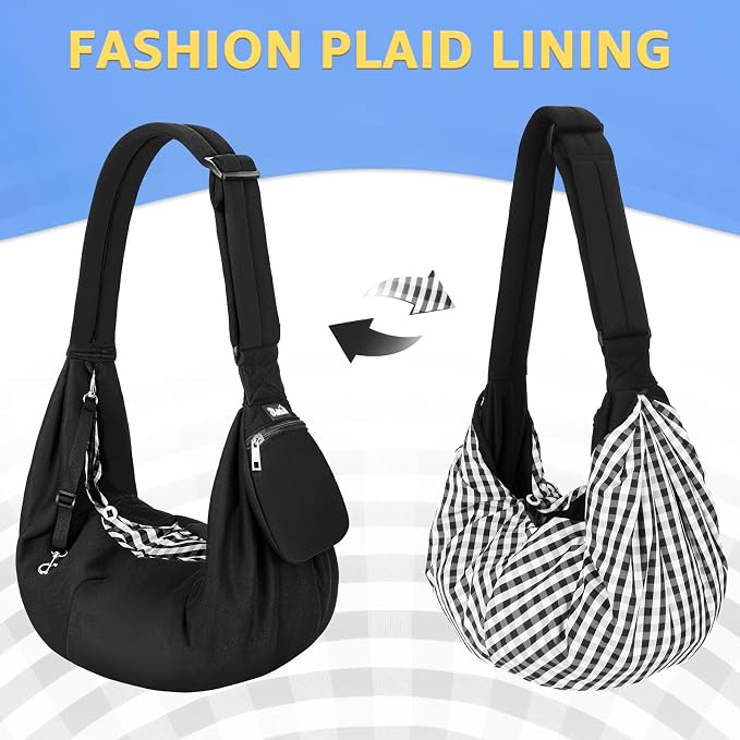 Lukovee Pet Sling, Puppy Small Pet Cat Carrier with Safety Hook | Hands-Free,Padded Strap, Breathable, Adjustable, Storage Pocket, Tote Bag Shoulder Bag with Front Pocket (Black-WY,S)