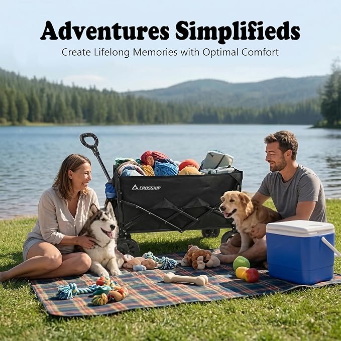 Folding Pet Wagon for Dogs - with Drop-Down Tailgate & Pet Pad | 330lbs Heavy Duty Dog Cart, All-Terrain Collapsible Wagon for Beach, Shopping & Camping, for 1 Medium or 2 Small Puppies