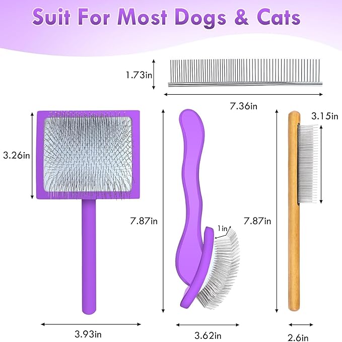 Slicker Brush for Dogs, Large Long Pin Dog Grooming Brush for Doodles Goldendoodles Poodles Labradoodle Bernedoodles, 3 Pcs Wooden Handle for Mats Tangles - Purple
