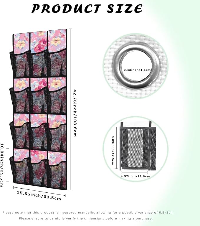 Space Saving Hanging Shoe Organizer,Entryway Bedroom Bathroom Storage Bags with 12 Mesh Large Pockets Waterproof Reusable,Tropical Flower Pink
