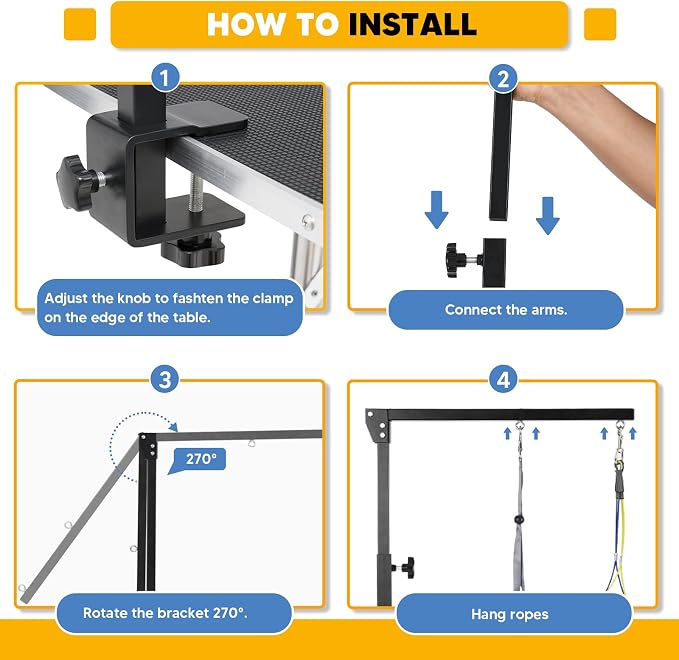 Adjustable Dog Grooming Arms for Small Medium Dogs | Anti-Slip Powerful Metal Clamp, Portable for Table, 1 Loop Noose, Two No Sit Haunch Holder, Grooming Restraint for Home