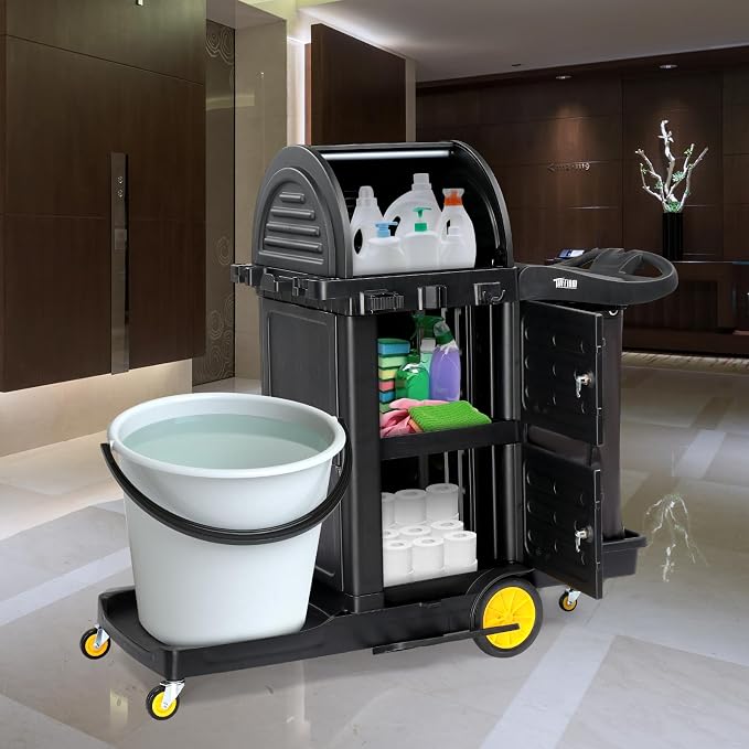 TUFFIOM Janitorial Cart with Key-Locking Cabinet, 3-Shelf Commercial Cleaning Cart with Wheels, Housekeeping Caddy with Locker, Black, Great for Hotel, Stores, Schools, and Business