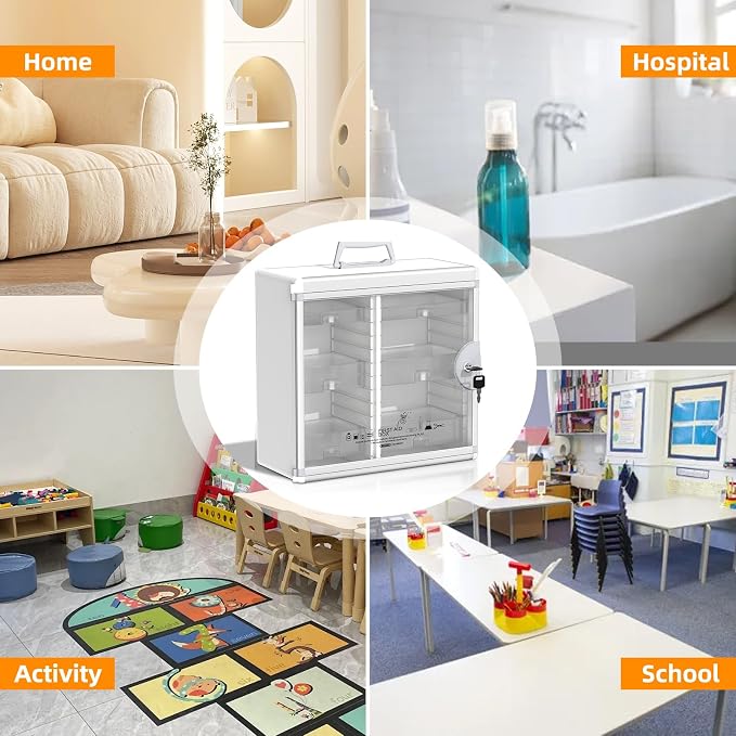 Lockable Medicine Cabinet with 6 Removable Trays, Wall Mounted & Portable Locking Medicine Cabinet Organizer with Key Lock for Home, Bathroom, Office - Aluminum Frame(15.63 * 6.5 * 15.43Inch)