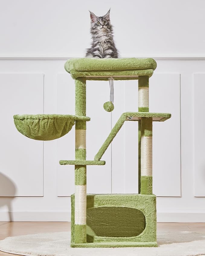 Taoqimiao Cat Tree, 38.5In Cat Tower for Indoor Cats, Suitable for Kittens | Thick Padded Top Perch, Luxurious Cat Condo, Adjustable Basket, 1-Piece Ramp Scratcher, 3 Sisal Posts, Green, MS029SGR