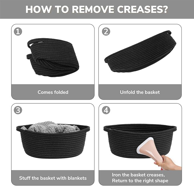Goodpick Small Woven Rope Gift Basket Empty, 12" x 8" x 5", Black | Durable Boo Basket for Baby Showers Toys Storage, Fits Living Room Bathroom Organization, with Durable Handles