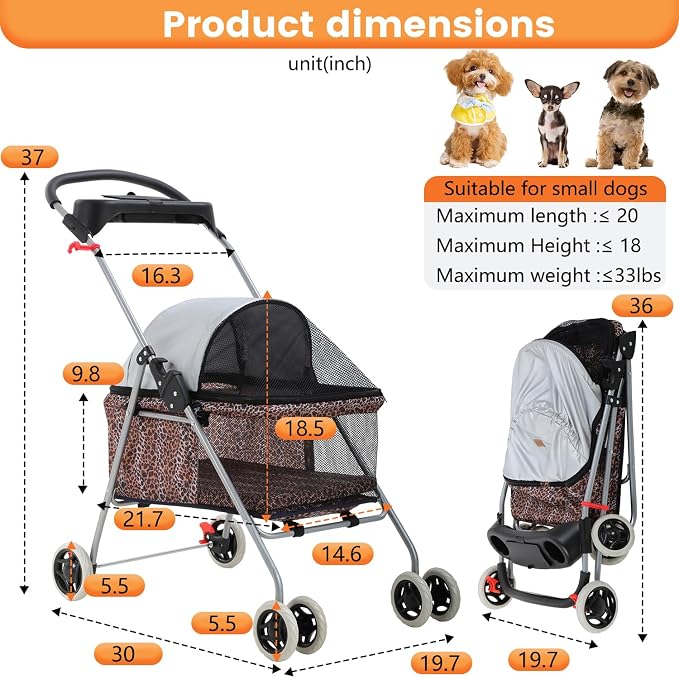 BestPet Foldable Pet Stroller for Small/Medium Dogs and Cats Up to 33 lbs | 4-Wheel Stroller Pet Strolling Cart w/ Breathable Mesh, Lockable Rear Wheels, Cup Holder/Tray & Storage Box, Leopard Skin