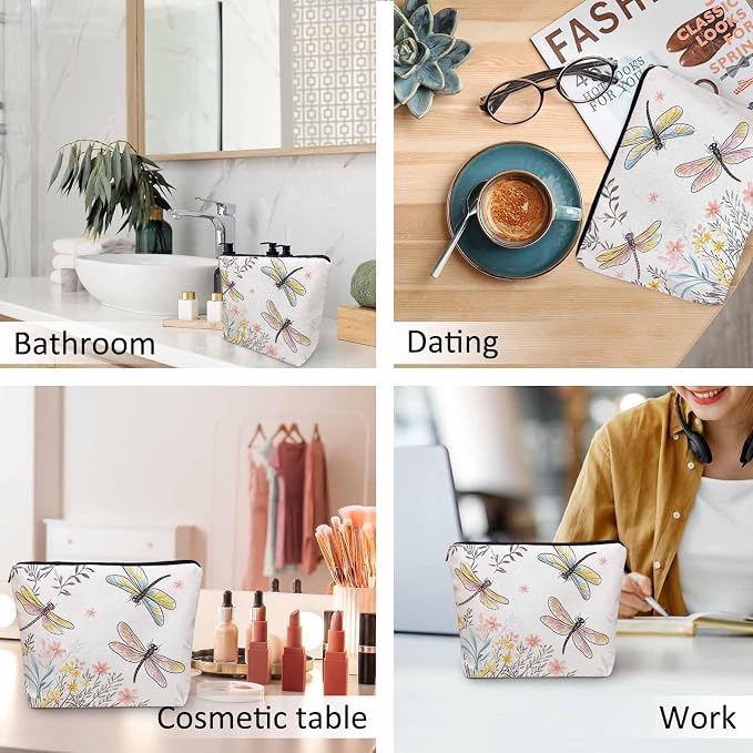 Makeup Bag For Purse Dragonfly, Garden Dragonflies Flowers Nature Cosmetic Bags For Women With Zipper Travel Toiletry Pouch Makeup Bags Makeup Organizers Purse For Toiletries Cosmetics