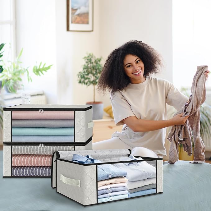 HomeHacks 4-Pack Clothes Organizer Storage Bags, 35L Storage Bins, White | Foldable Storage Box Container with Zippers, Clear Window, Reinforced Handles for Closet, Dorm, Pillows, Bedding, Sweater