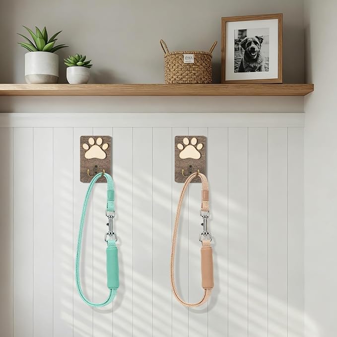 Kathfly 2 Pcs Dog Leash Holder Wall Mount Paw Print Pet Harness Hanger with Hook Dog Collar Organizer for Entryway Memorial Cat Leash Holder for Wall