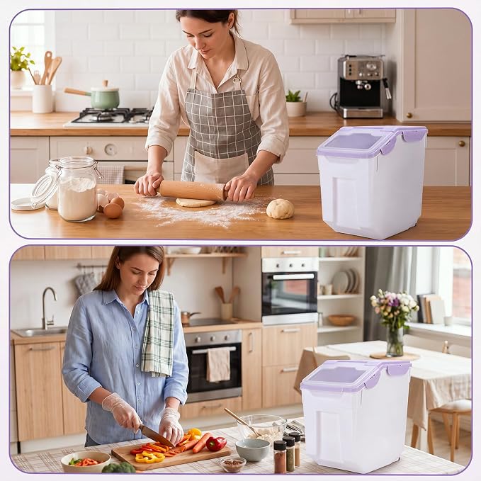 Sunnyray 4 Pcs 55 Lbs Flour Storage Container Bin,Rice Storage Containers with Wheels Seal Locking Lid, BPA Free with Measuring Cup Scoop for Rice Grain Pet Food Flour (Purple)
