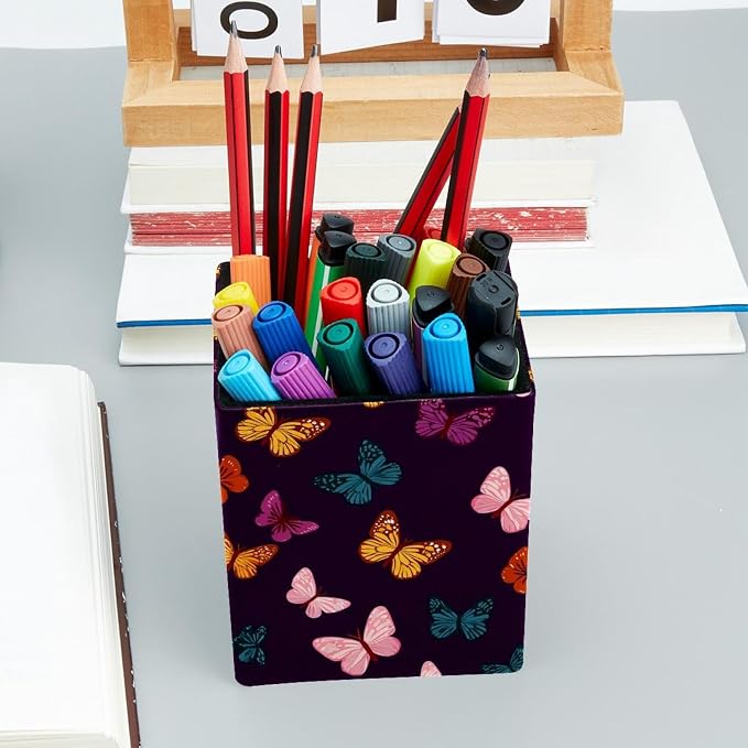 Butterfly Pen Holder for Desk Decor, Rectangular PVC Leather Pencil Cup for Desk Pen Organizer, Makeup Brush Holder for School, Home, Office