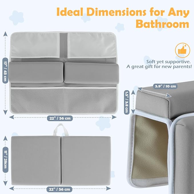 Baby Bath Kneeler and Elbow Rest Pad Set, Gray | 1.5" Thick Soft Memory Foam, Bath Toys Organizer, Non-Slip, Quick-Dry, Foldable, Gift for Parents
