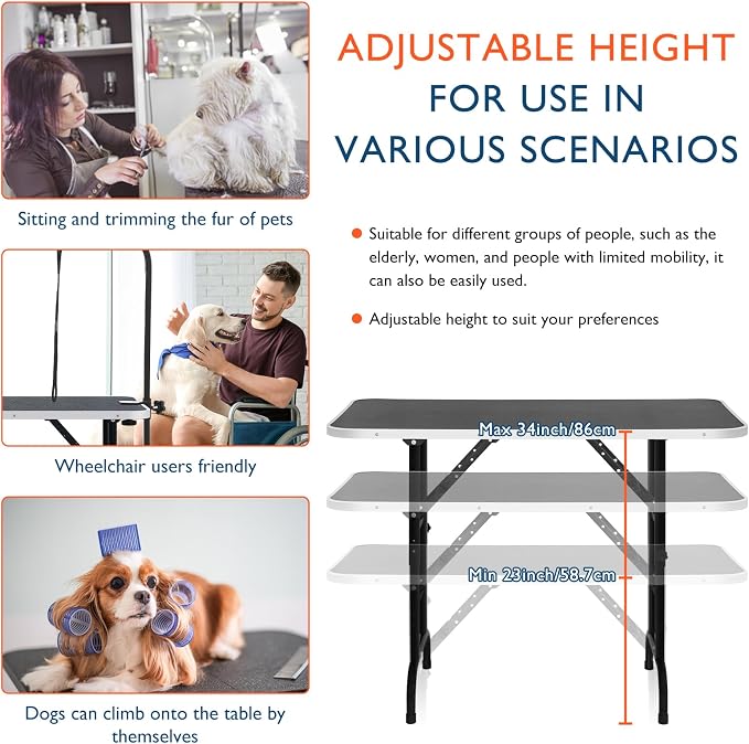 LEIBOU 45'' Height Adjustable(23''~33.8'') and Foldable Pet Dog Grooming Table Heavy Duty Iron Frame with H-Shape Grooming Arm & Noose, Maximum Capacity Up to 260lbs, Black