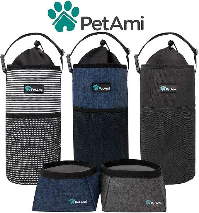 PetAmi Travel Dog Food Bag Pet Collapsible Dog Bowls Set, Dog Kibble Bag, Pet Food Water Bowls for Dogs Cats, Foldable Waterproof Dog Camping Bowls Cup Dish Accessories for Hiking, Navy & Gray