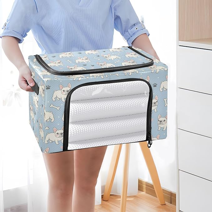 Cute Pets Dogs Blue print Under Bed Storage Containers with Double Zipper Openings, Foldable Clothes Storage Bins with Clear Window and Handles for Comforters Bedding Blankets