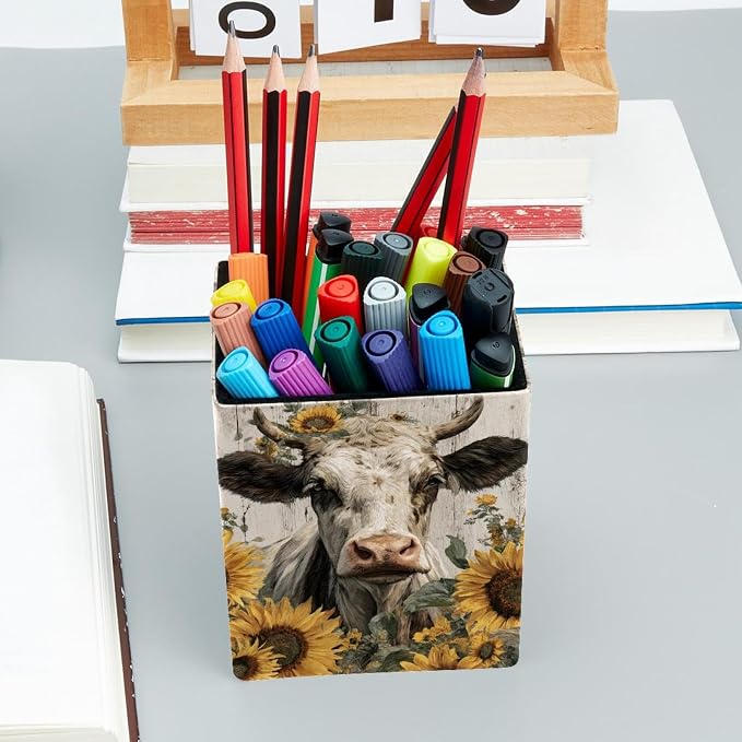 Sunflower and Cow Pen Holder for Desk Decor, Rectangular PVC Leather Pencil Cup for Desk Pen Organizer, Makeup Brush Holder for School, Home, Office