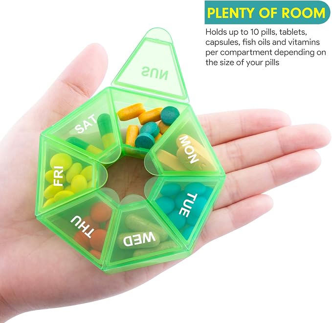 Weekly Pill Organizer, 2 Pack Portable Travel Pill Box, 7 Day Pill Case | Easy Open, BPA-Free, Arthritis Friendly Medicine Pill Container, Medicine Case for Vitamins,Supplements Medications, Green