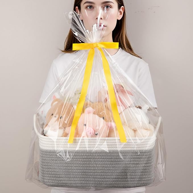 OIAHOMY 19L Woven Basket, Gift Basket Empty with Gift Bags and Ribbons, Rope Baskets for Baby Showers, Storage Baskets with Handles for Nursery, Pet Toy Organizer - Grey & White