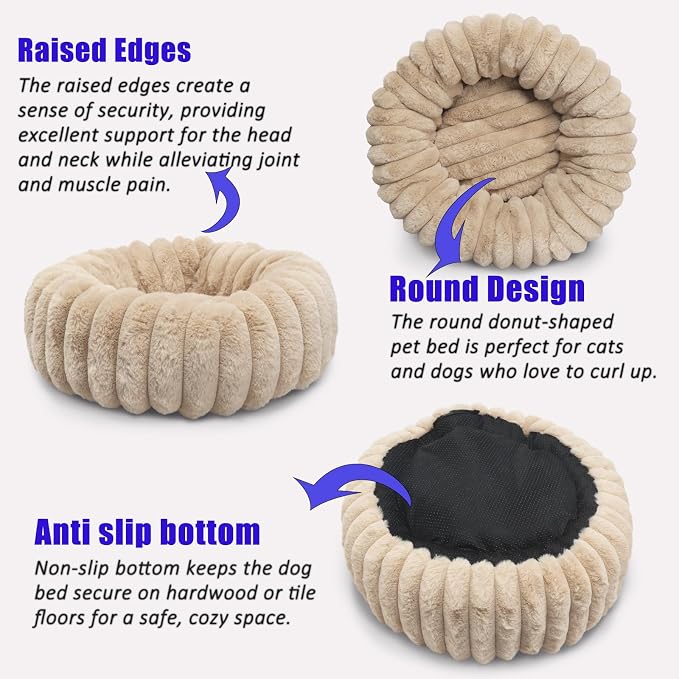 Small Pet Bed for Indoor Cats and Puppy - Washable Donut Extra Small Dog Beds for Small Dogs with Anti Slip Bottom, Fluffy Calming Round Bed for Puppy & Kitten Cozy Sleep, Beige, XS -19 Inch