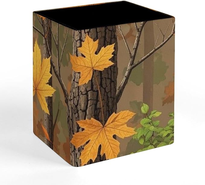 Pu Leather Pencil Cup for Men Women Desktop Square Pen Pencil Holder Hunting Camo Fall Maple Leaf Stationery Container Box for Office Supplies