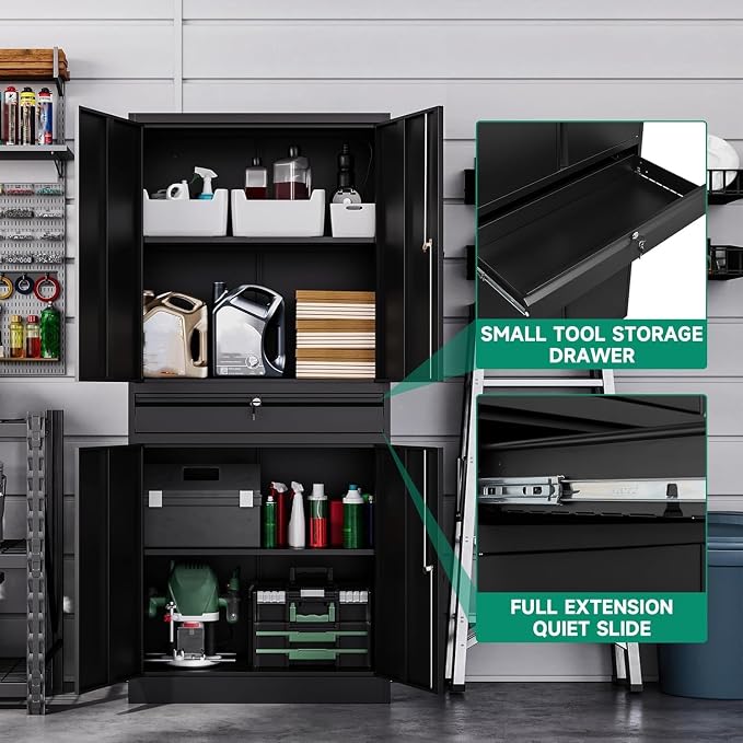 Metal Garage Storage Cabinet with Drawer,4 Door Tool Cabinet with Lock-2 Adjustable Shelves for Garage Home Office Utility Room (Black)