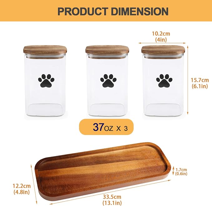 37oz Glass Dog Treat Jars Set of 3,Clear Dog Treat Container with Wooden Lids,Airtight Cat Treat Jar,Small Pet Treat Canister,Puppy Food Bin-Keep Fresh Crispy-Brown