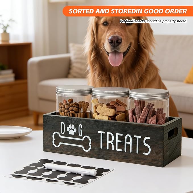 Dog Treat Container Wood Cat Treat Holder for Counter Cat Treat Organizer Dog Food Storage Organizer with 3 Dog Cookie Jars Farmhouse Decor Box Brown