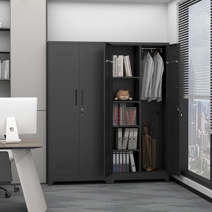 72.8" H Metal Broom Closet Storage Cabinet, Garage Storage Cabinet with Pegboard & Hanging Rod Hooks, Tall Storage Cabinet for Garage, Laundry Room, Black