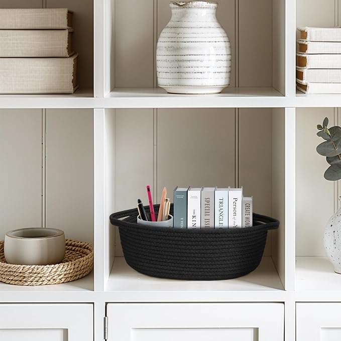Small Basket for Gifts Empty, Woven Cotton Rope Gift Basket, Cute Kids Dog Cat Toy Bin Box, Baby Nursery Organizer, Decorative Storage Bin for Shelves, Easter, Home Decor, 13"x9"x5", Black