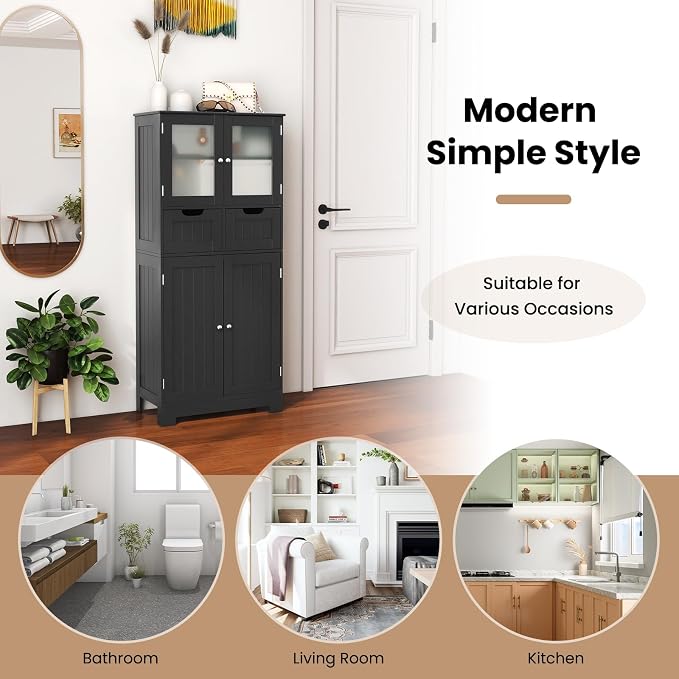 LOKO Bathroom Floor Cabinet, Storage Organizer with Glass Doors, Wooden Kitchen Cupboard with Adjustable Shelf for Living Room (Floor Cabinet with 2 Additional Drawers, Black)