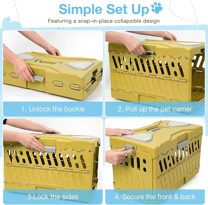 Collapsible Cat Carrier Hard, Plastic Hard-Shell Pet Carrier Travel | Front Door with Double Squeeze-Latch System, 4-Sided Ventilation, Fits Pets Up to 22 lbs, Size 22"L x 13"W x 14.6"H