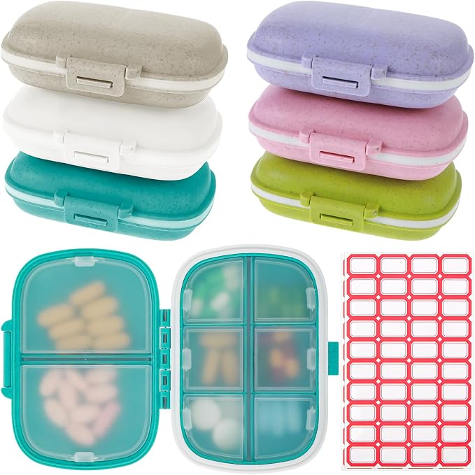 6 Pack Travel Pill Organizer 8 Compartments Portable Pill Case with Label Small Pill Container for Pocket Purse Medicine Storage Dispenser Waterproof Vitamin Holder Pill Supplement Case