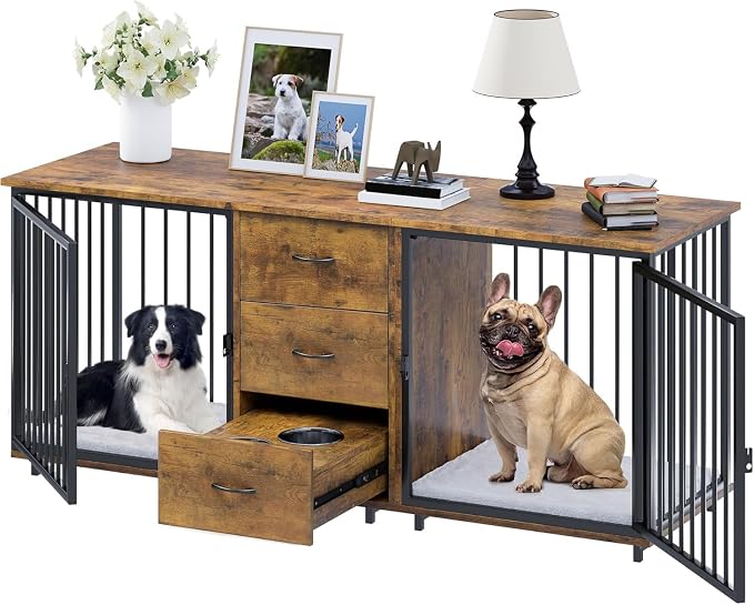 YITAHOME 74" Double Dog Crate Furniture with 2 Feeder Bowls & Room Divider | Wooden Dog Kennel TV Stand for 2 Large Medium Small Dogs, Rustic Brown