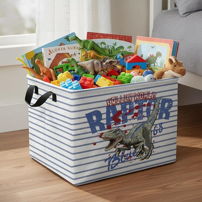 Kid Dinosaur Storage Basket, Blue Striped Tyrannosaurus Rex | Rectangular, Collapsible, Room Decor, Nursery Gift Basket, Baby