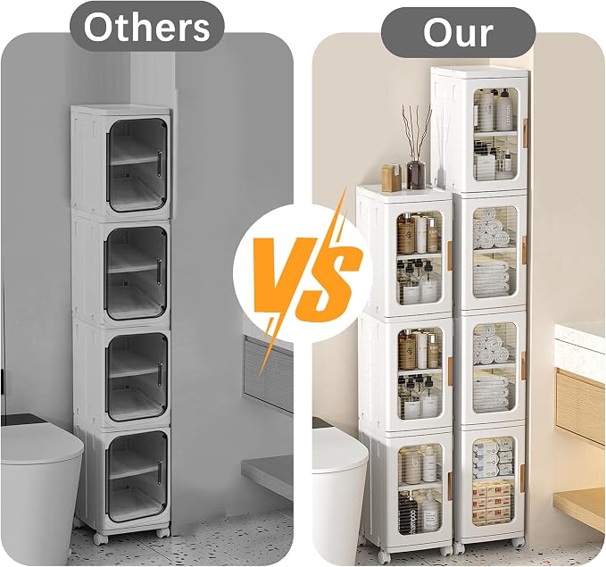 Tall Narrow Storage Cabinet with Movable Wheels, Adjustable Shelves & Magnetic Doors – Foldable Slim Plastic Organizer for Bathroom, Kitchen, Laundry, Ideal for Small Spaces(4-Tier,White)