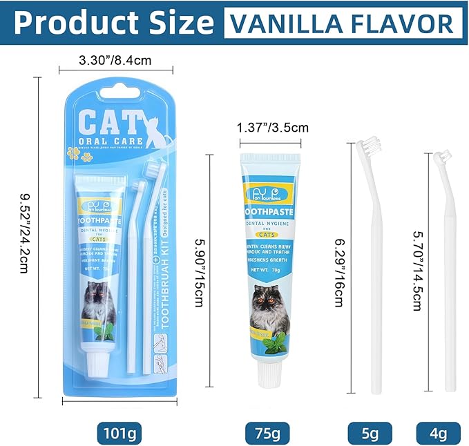 HOP Cat Toothbrush and Toothpaste Kit Vanilla Cat Toothpaste(70g) 2 Soft Nylon Bristles Micro-Head Cat Toothbrushes Kitten Tooth Brushing Kit Pet Dental Care Kit for Cats and Small Dogs Fresh Breath