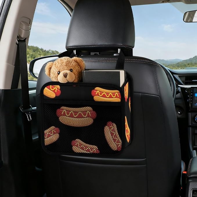 Car Backseat Organizer Hanging Seat Back Accessories with Pocket, Fun Food | Hotdog Hot Dogs, Auto Storage Organizer with Adjustable Buckle, Universal Fit Front Back Headrest
