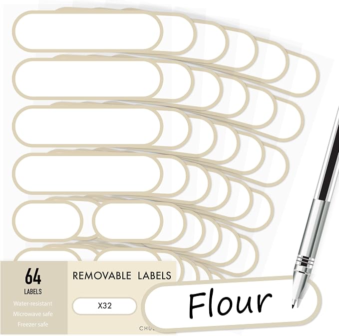 Waterproof Kitchen Labels for OXO POP Food Storage Containers and Home Organization, Pack of 64 | Removable Writable Food Storage Stickers, Tear-Resistant Pantry Organization Decals for Plastic and Glass Jars
