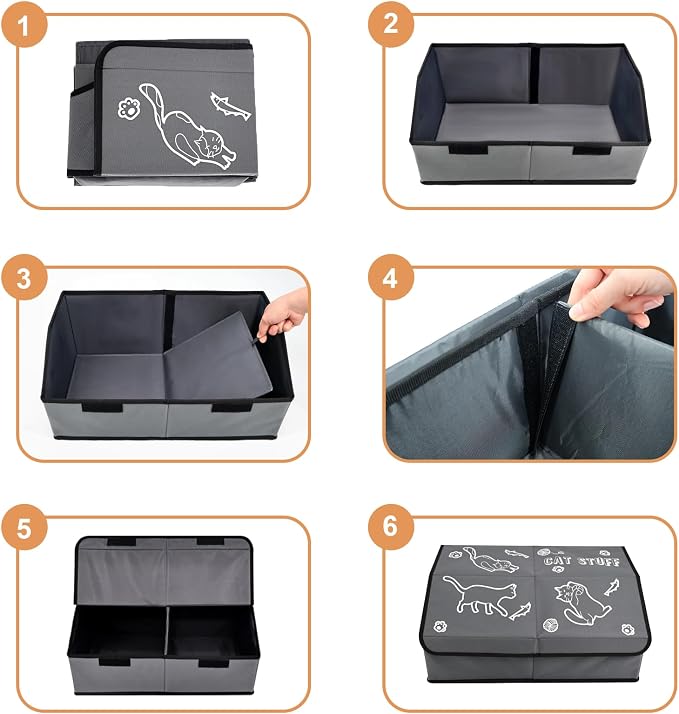 Sturdy MDF Cat Toy Box Storage with Lid, 19" Collapsible Cat Toy Bin with Handle, 600D Fabric Cute Pet Storage Basket Organizers for Pet Toys and Accessories - Grey (2 Pack)