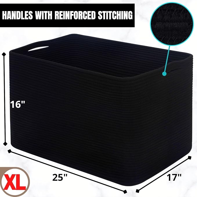 112L Extra Large Blanket Basket Holder Living Room, 25"x17"x16" Rectangle Rope Woven Storage Basket with Handles for Laundry, Pool Towels, Shoes, Dog Toy Organizer Bin Box, Black