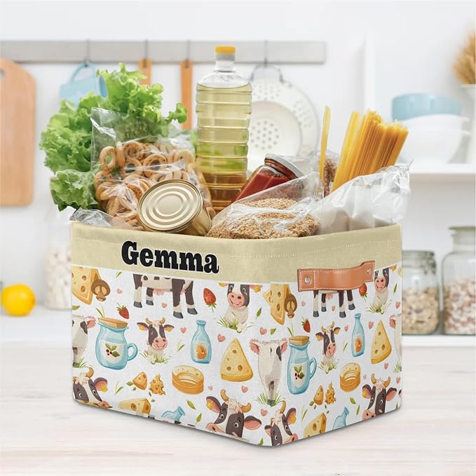 Custom Storage Basket, Personalized Name Rectangle Organizer Bin Cartoon Cow Cheese Milk for Pet/Children Toys, Books, Clothes, Perfect for Rooms/Playroom