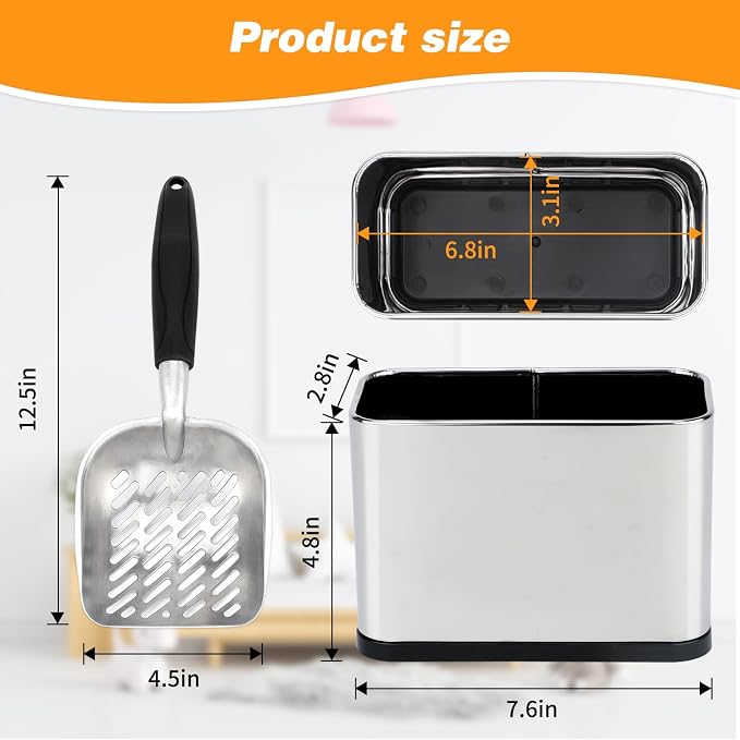 Metal Litter Scoop with Holder, Cat Litter Scooper and Caddy Set | Aluminum Sifting Shovel, Stainless Steel Holder, Black Grip, Removable Base, 12 x 4 x 1.5 in Scoop, 8.5 x 3 x 5.5 in Caddy