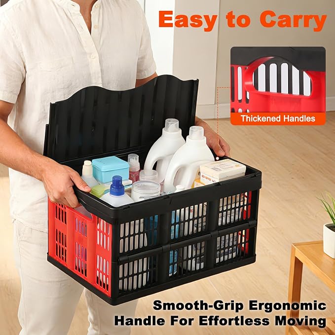 45L Collapsible Storage Bins with Lids, | Heavy Duty Foldable Storage Crates with Handles, 55 lbs Capacity, Storage Bins for Garage, Camping, Grocery & Outdoor