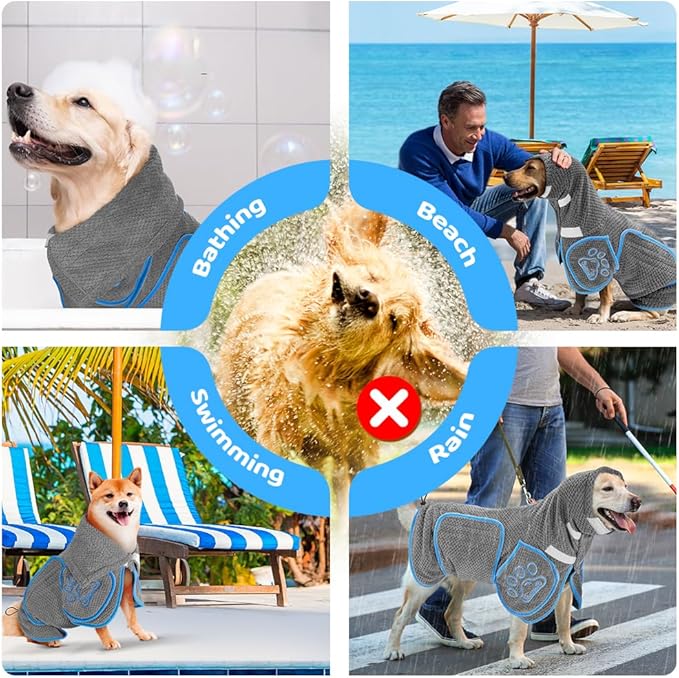 SlowTon Dog Bathrobe Drying Coat – Super Absorbent Microfiber Towel Wrap with Adjustable Collar & Belly Strap, Fast Drying Bath Robe for After Bath Swim, for Large, Medium, Small Dogs (Grey S)