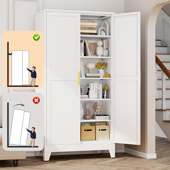 White Metal Storage Cabinet, 79" Kitchen Pantry Cabinets for Office | Steel Kitchen Pantry Storage with Doors, 5 Adjustable Shelves, Metal Pantry Cabinet, for Office, Home, School 40" W