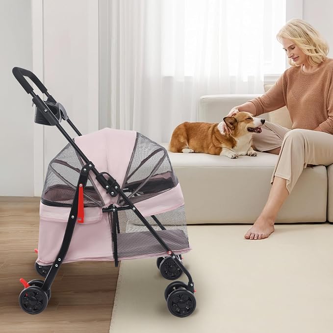 Pet Stroller for Small Medium Dogs Cats 40 lbs, Foldable Dog Stroller with Storage Basket and Cup Holder, Portable Pet Travel Cart with Breathable Mesh Canopy (Pale Pinkish Grey)
