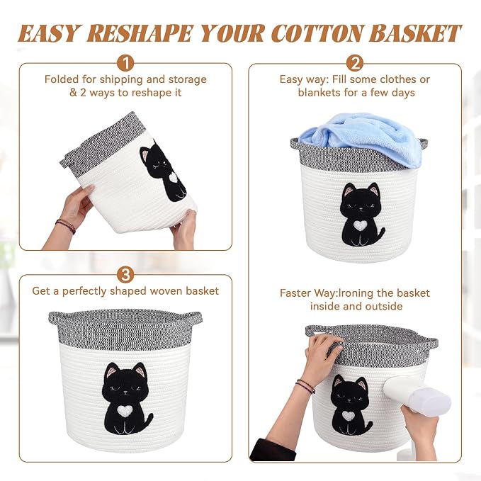 Black Cat Storage Basket - Woven Cotton Rope Basket with Soft Felt Patch, Foldable Organizer for Nursery, Pet Toys & Laundry, Gift & Home Decor (11.8 Inch, Washable)