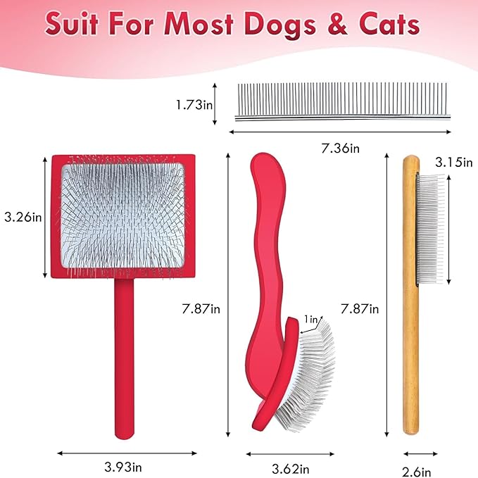 Slicker Brush for Dogs, Large Long Pin Dog Grooming Brush for Doodles Goldendoodles Poodles Labradoodle Bernedoodles, 3 Pcs Wooden Handle for Mats Tangles - Red